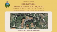 sfondo ocra - logo comune - dicitura incontro pubblico - immagine dall'alto della loc. I forni