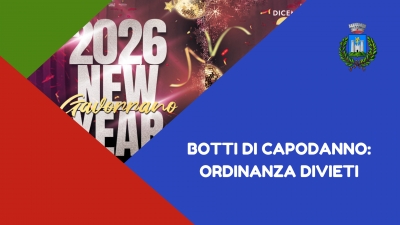 scritta botti di capodanno: ordinanza divieti, logo comune di gavorrano, sullo sfondo locandina capodanno in piazza