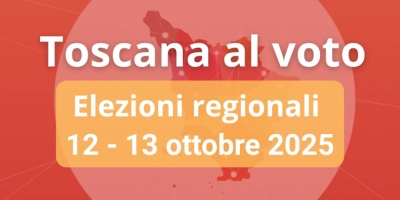pegaso su sfondo rosso aranci, scritta "la toscana vota"\
