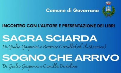 sfondo blu, logo comune di gavorrano,  Incontro con l'autore e presentazione libri, Sacra sciarada e Sogno che arrivo