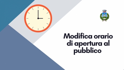 sgonfo grigio - logo  omune - scritta comune di gavorrano - disegno orologio - scirtta modifiche orario di apertura al pubblico