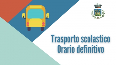 triangolo rosso alto a sx, triangolo celeste basso sx, disegno frontale scuolabus, logo comune di gavorrano in alto a dx, scritta Orario definitovo trasporto scolastico