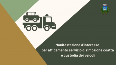 disegno carro attrezzi con macchina sopra, logo comune di gavorrano, scritta Manifestazione d’interesse affidamento servizio di rimozione coatta e custodia dei veicoli