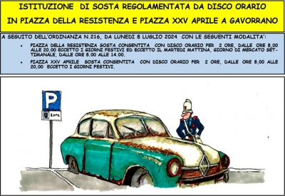 Vignetta con vigile urbano, auto e cartello disco orario