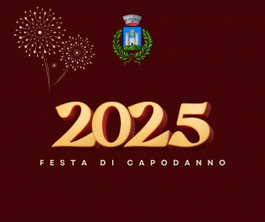 Sfondo bordeaux, 2025 scritto dorato, fuochi d'artificio dorati, stemma comune di Gavorrano