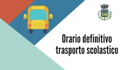 triangolo rosso alto a sx, triangolo celeste basso sx, disegno frontale scuolabus, logo comune di gavorrano in alto a dx, scritta Orario definitivo trasporto scolastico