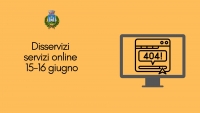 sfondo ocra, scritta disservizi servizi online 15-16 giugno, disegno di schermo di un pc