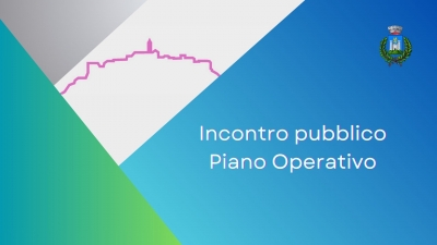 skyline comune di gavorrano, scritta incontro piano operativo, logo comune di gavorrano