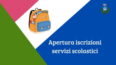 disegno di zaino con dentro materiale scolastico, logo comune di gavorrano, scritta apertura iscrizione servizi scolastici