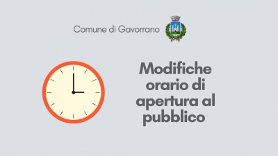 sgonfo grigio - logo  omune - scritta comune di gavorrano - disegno orologio - scirtta modifiche orario di apertura al pubblico