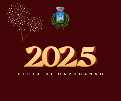 Sfondo bordeaux, 2025 scritto dorato, fuochi d'artificio dorati, stemma comune di Gavorrano