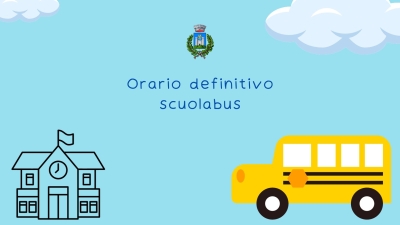 Sfondo celeste, scuola stilizzata in basso a sinistra, scuolabus giallo in basso a destra, logo del comune e dicitura "orario provvisorio scuolabus" in centro