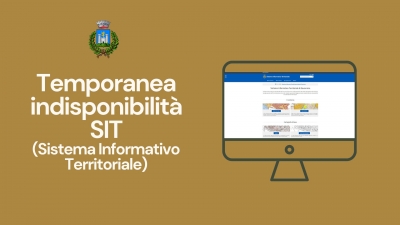Sfondo ocra, scritta Temporanea indisponibilità SIT (Sistema Informativo Territoriale), logo dcel comune di gavorrano, immagine stilizzata di un monitor del pc