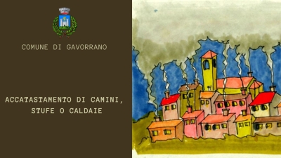 a sinistra: quadrato blu con dicitura Accatastamento di camini, stufe o caldaie - sulla destra riproduzione di acquerello di Andrea De Sensi con rappresentato il paese di Gavorrano con i camini accesi