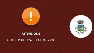 SFONDO BORDEAUX, PUNTO ESCLAMATIVO SU SFONDO ARANCIONE, SCRITTA ATTENZIONE GUASTO PUBBLICAILLLUMINAZIONE